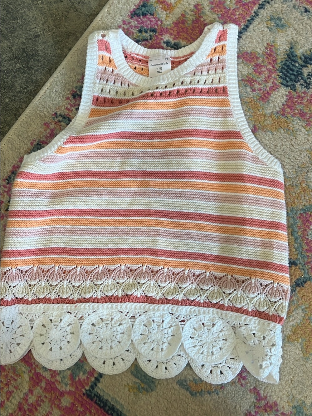abercrombie kids White Pink Orange Striped Crochet-Hem Tank
